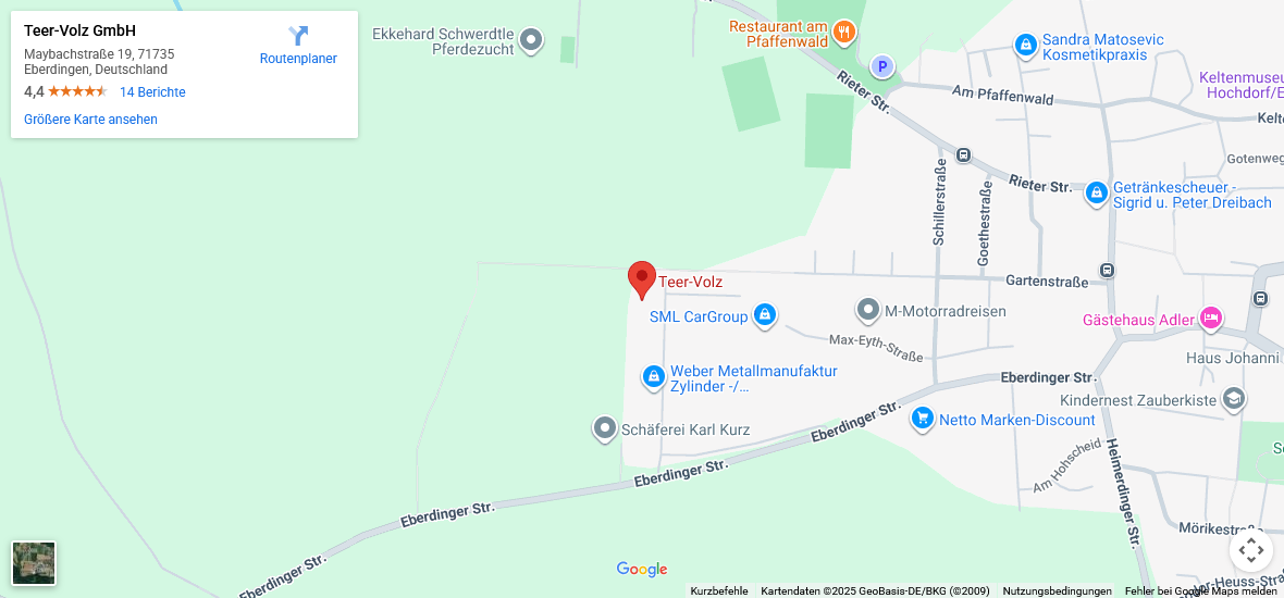 Google Maps Teer Volz GmbH - Ihre Experten für Dacharbeiten Maps Ausschnitt Standort Teer Volz - Maybachstraße 19, Eberdingen