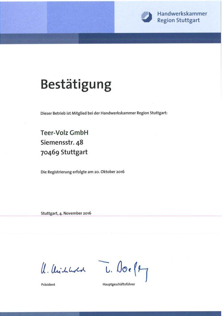 Dieser Betrieb ist Mitglied bei der Handwerkskammer Region Stuttgart